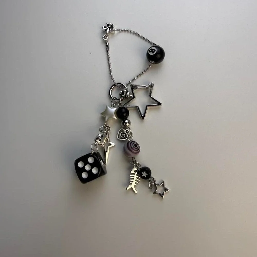 Unbranded Silver Dice 8-Ball Star Keychain Bag Charm Mixed Media Accessory